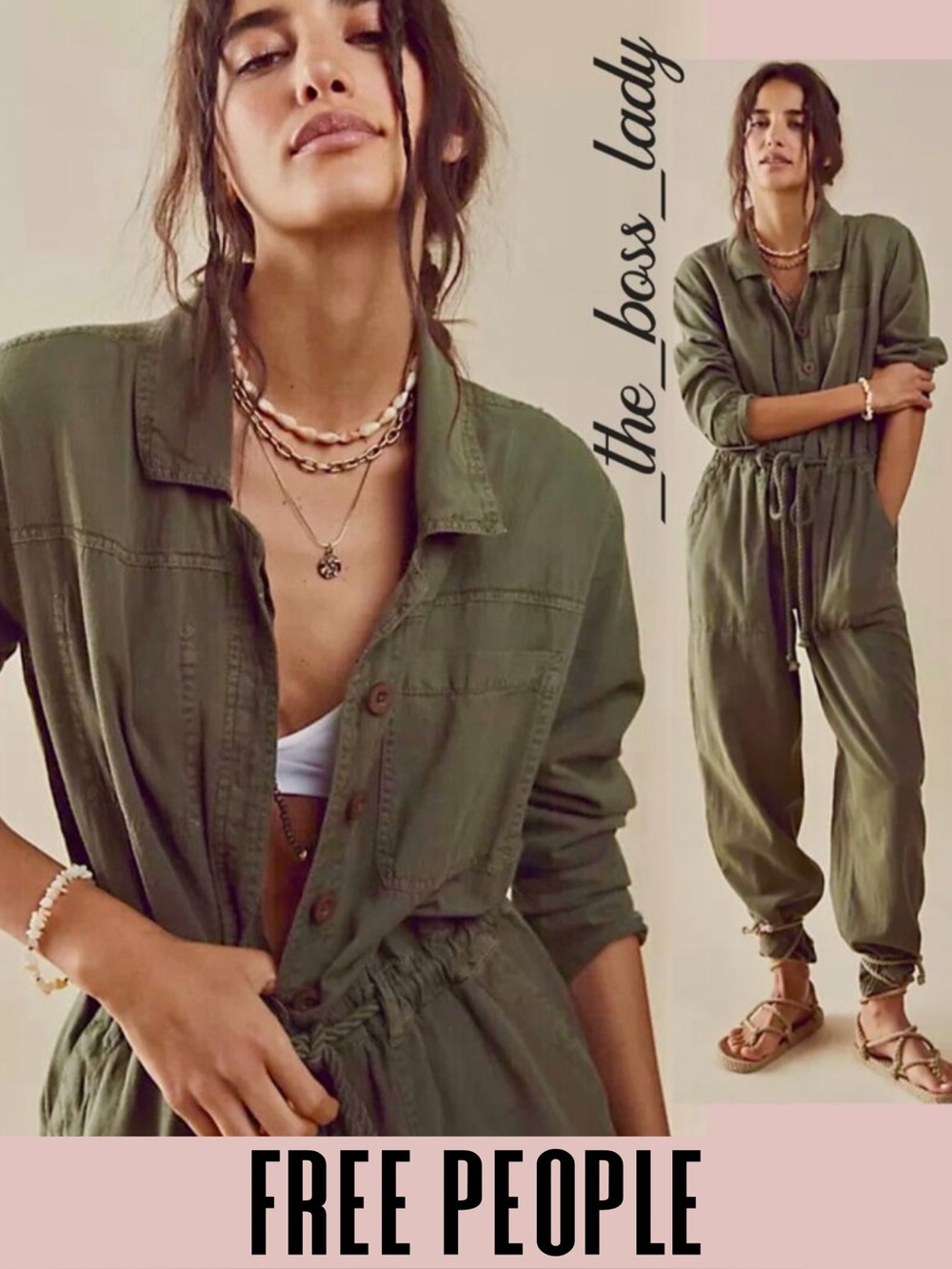 Free People jumpsuit green military cargo style utility cotton belted XS